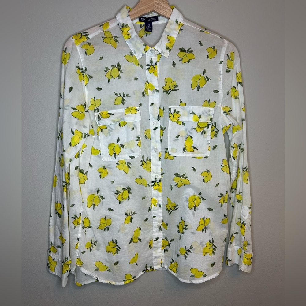 Gap Long Sleeve Lemon Print Button-Up Summer Top Lightweight Cotton